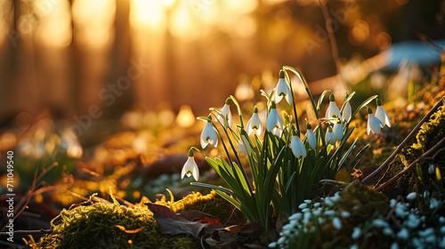 Sunlight caresses the delicate white snowdrop flowers, creating a picturesque outdoor scene