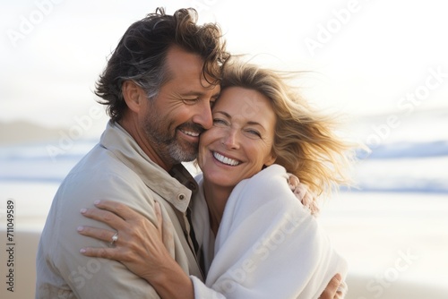 Happy middle-aged couple hugging on beach at sunset