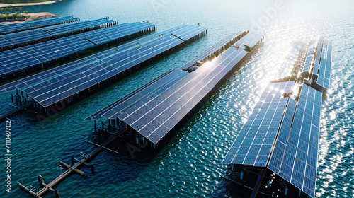 The aerial perspective shows a solar park afloat, tapping into the energy potential of the water's photo