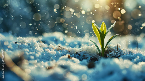 The appearance of a young green sprout from the snowcovered ground signifies the end of winter's h photo