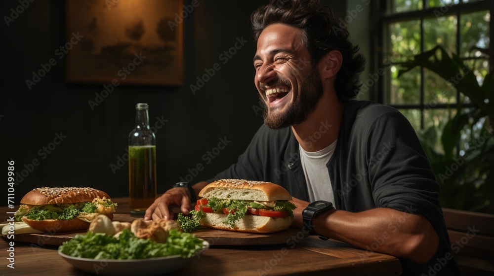 Laughing man eating a sandwich at a table Laughing man eating a sandwich at a table