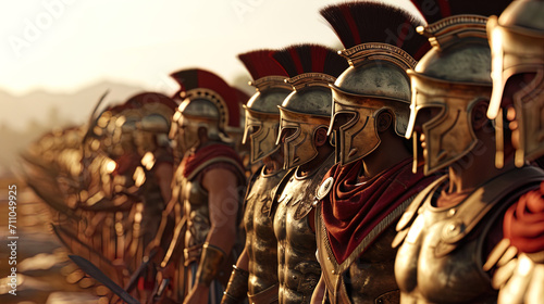 The disciplined march of the Spartan army showcases their strength and unity, with warriors adorne photo