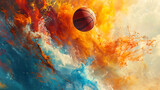 The intersection of athleticism and artistry is evident as a basketball moves through a haze of vi