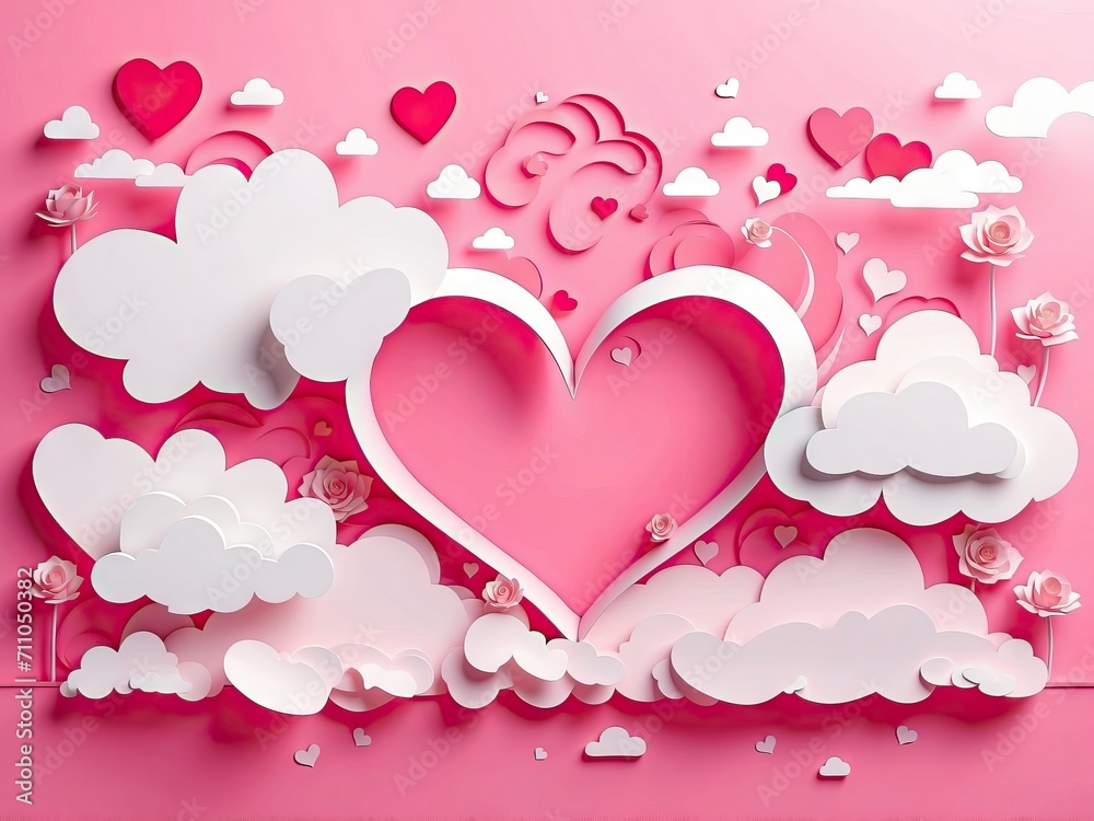 Paper hearts and clouds on pink background. Valentine's day concept