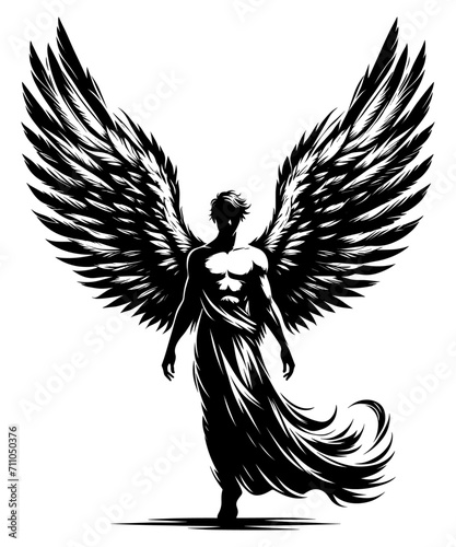 Empyrean Rise: An Icarian Figure with Wings Spread Wide. A Powerful Depiction of Aspiration and Courage in Stark Contrast