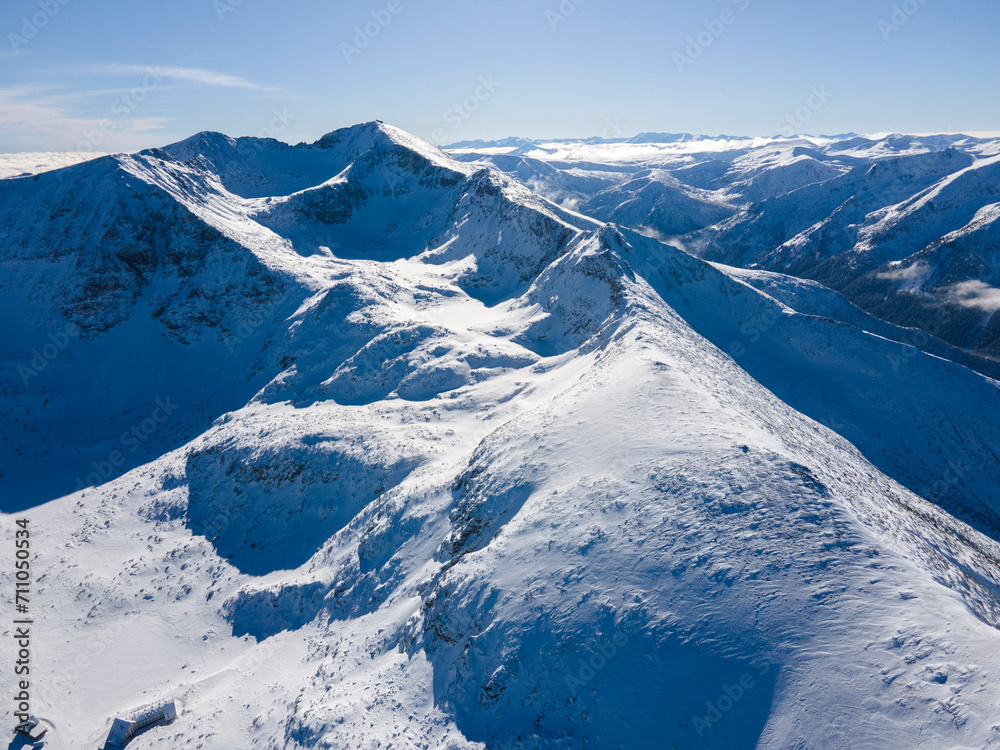 Aerial Winter view of Rila mountain near Musala peak, Bulgaria