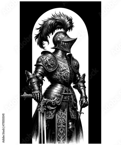 Obraz na płótnie Echoes of Valor: A Gallant Knight in Ornate Armor. Embrace the Legacy of Chivalry with this Captivating Illustration w salonie