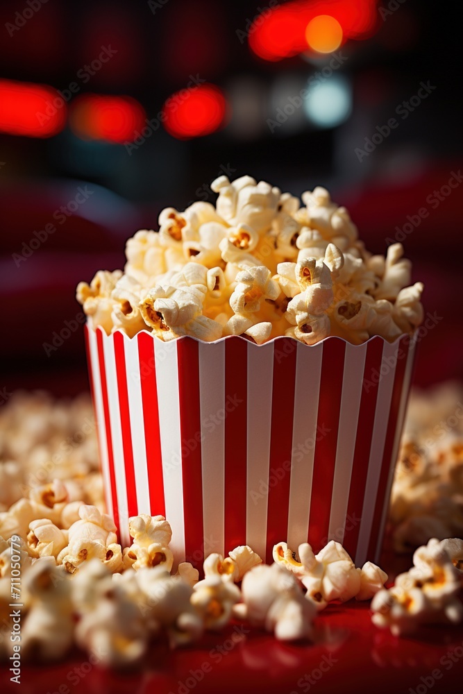 A red and white striped popcorn container with a lot of popcorn in it A red and white striped popcorn container with a lot of popcorn in it