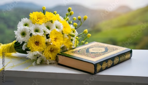 foto de un libro Corán con un ramo de flores