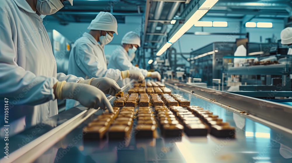 Fotografie Workers on the production line systematically gather and package energy bars