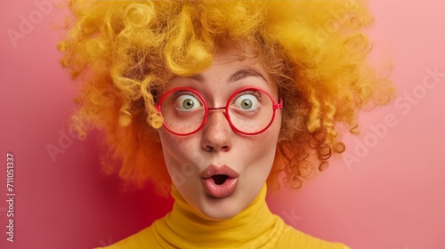 woman with expression of surprise and amazement with wig on color background photo