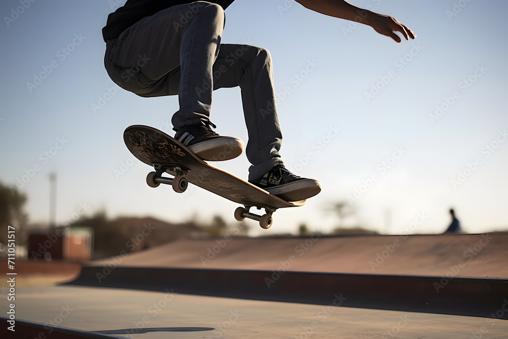 Male skateboarder doing a trick in a skate park - obrazy, fototapety, plakaty 