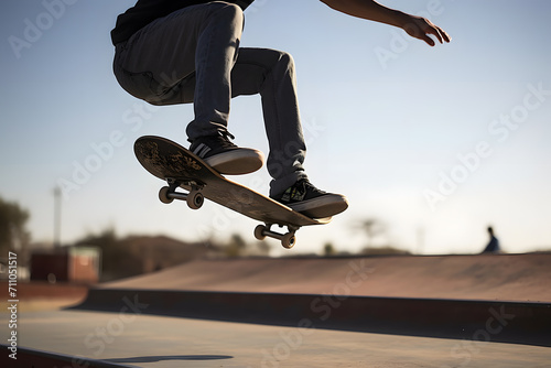 Male skateboarder doing a trick in a skate park photo