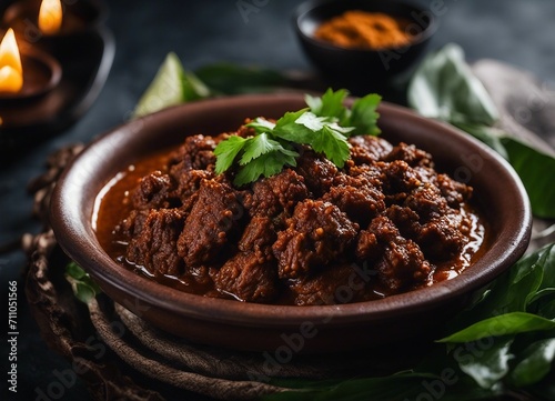 Indonesian beef rendang in a bowl garnished with fresh coriander