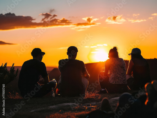 Group of friends sitting on top of a mountain and watching the sunset