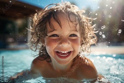 Ecstatic curly-haired kid in the swimming pool