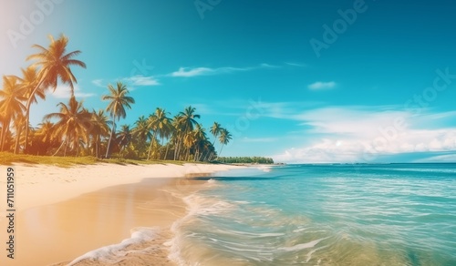 Tropical beach with palm trees and blue sky.
