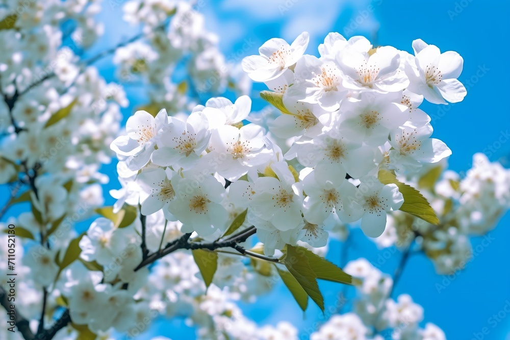 Spring blossoming cherry tree branches on blue sky background.
