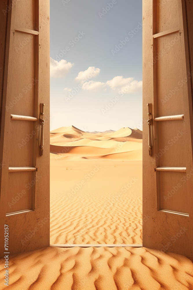 Wooden door opening to a desert landscape