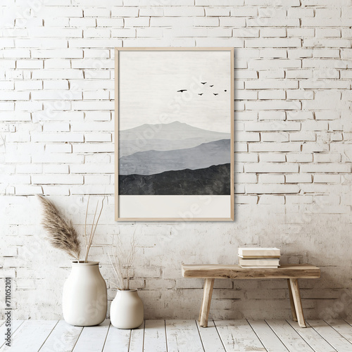 Interior of modern style home, shot straight on with a large blank wall for art frame mock up