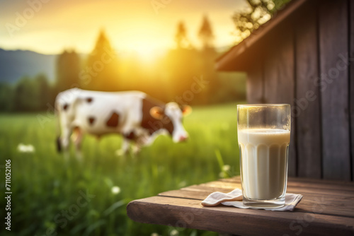 Fresh Farm Milk in a Glass with Grazing Cow and Sunrise Over Pasture, Dairy Farming and Healthy Food Concept