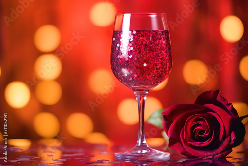 wine glass, blooming red rose , romantic love celebration theme, Valentine's Day