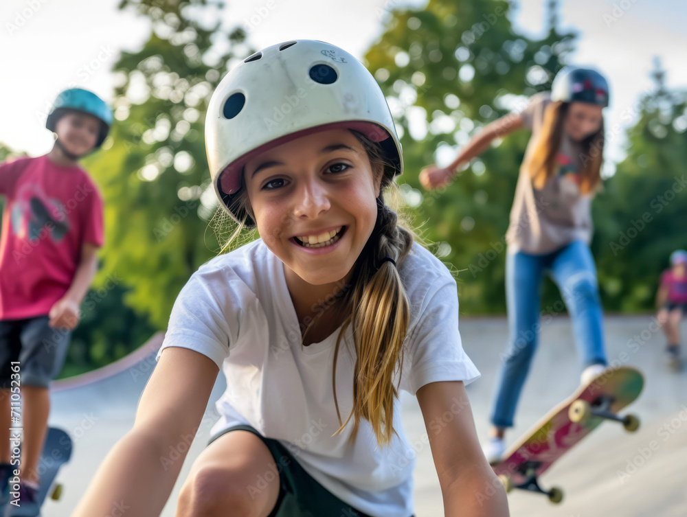 Teenage girl riding skateboard in skate park with friends on background