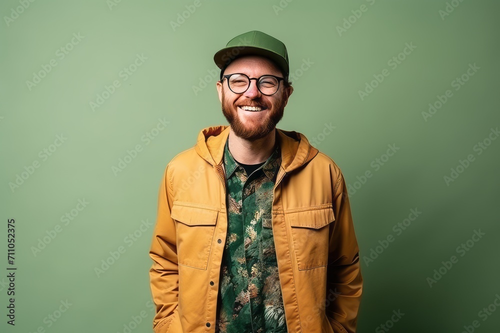 Portrait of a smiling hipster man in a yellow jacket and green cap Portrait of a smiling hipster man in a yellow jacket and green cap