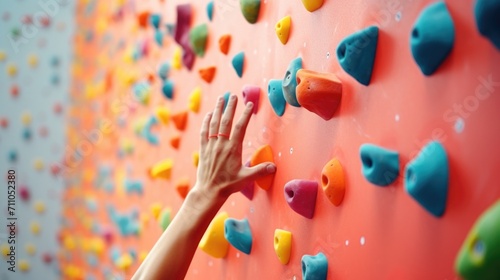 Closeup of a colorful climbing wall, with various hand and foot holds.