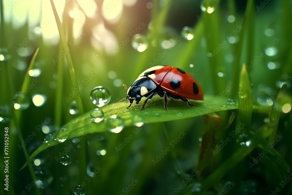 Fototapeta premium Ladybug on green leaf next to dewdrops.