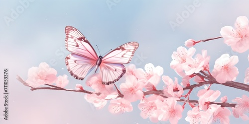 Butterfly over pink flowers.