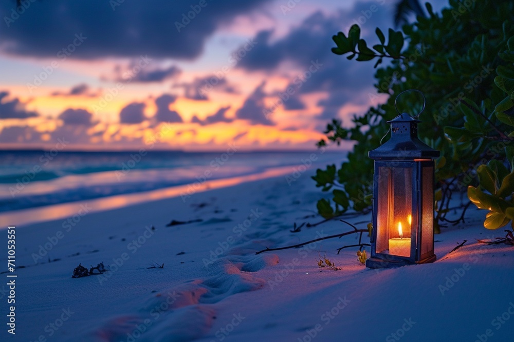 Serene Beachside Ambiance with a Solitary Candle Lantern