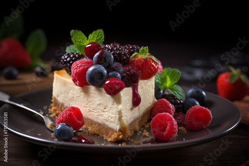 Classic plain New York Cheesecake slice with fresh berries strawberry raspberries mint is healthy organic dessert Generation AI