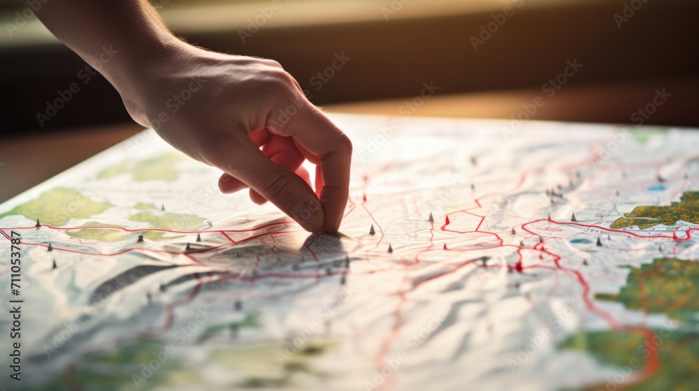 Obraz premium Closeup of a hand drawing a winding path on a blank map, symbolizing the need for a clear and deliberate strategy in navigating the journey of personal and professional growth.