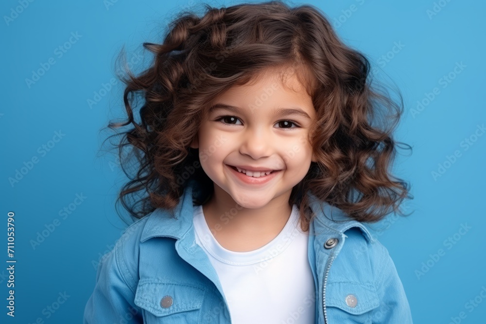 Portrait of a cute little girl with curly hair on blue background