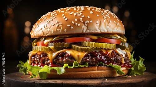 A mouthwatering cheeseburger with pickles and tomato