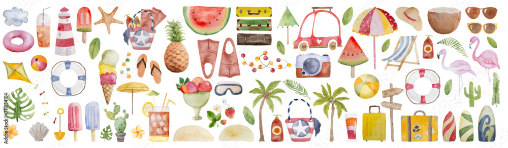 custom made wallpaper toronto digitalHand-Painted Watercolor Set Of Images Includes Beach Bag, Flippers, Camera, Cocktail, And Other Summer Clipart