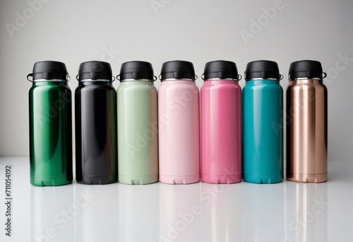 Colorful thermos bottles on white background with space for text