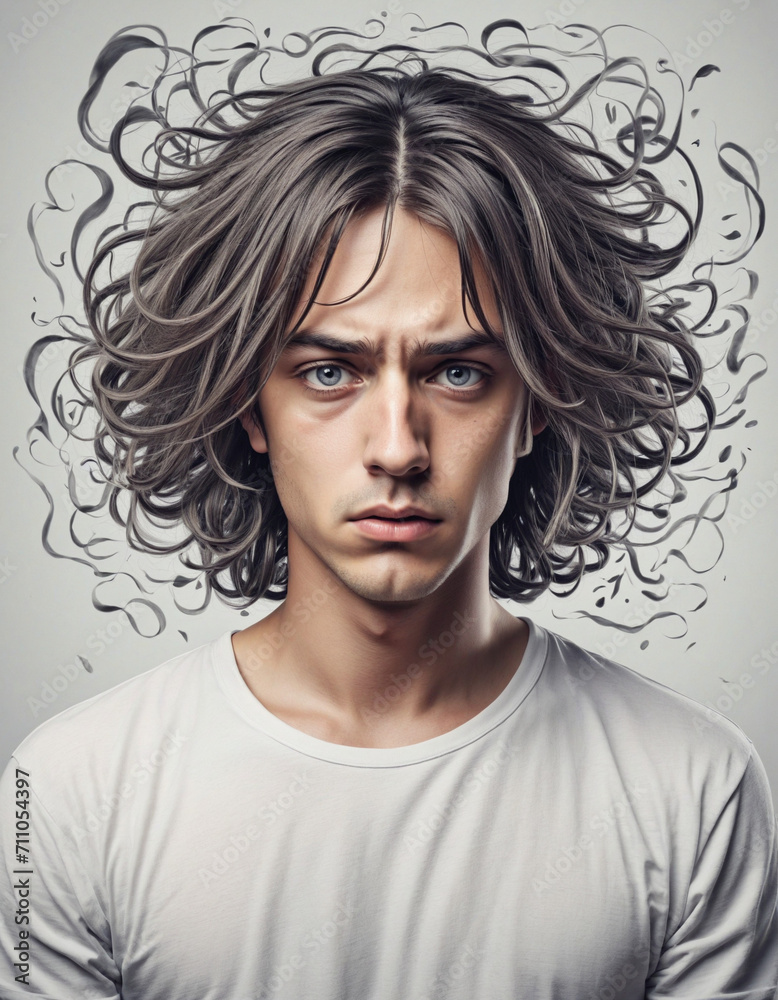Illustration of a young man overwhelmed by turbulent thoughts and emotions. Possible mental health issues such as anxiety, depression, stress, and emotional exhaustion are depicted. Illustration of a young man overwhelmed by turbulent thoughts and emotions. Possible mental health issues such as anxiety, depression, stress, and emotional exhaustion are depicted.