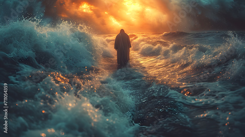 Jesus walking on water during a storm. Biblical theme concept. photo