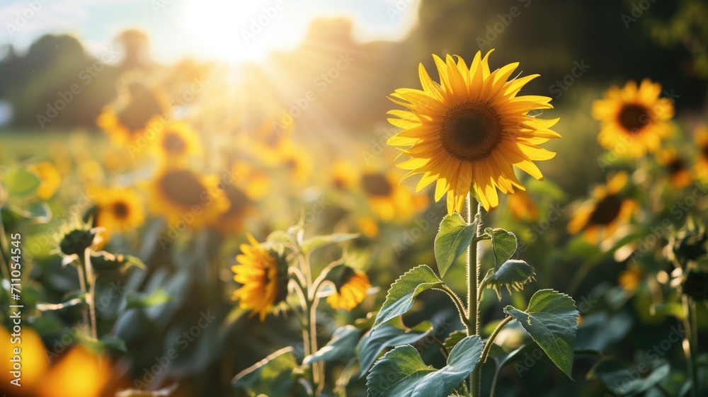 Golden sunflowers in a field with bright sunlight