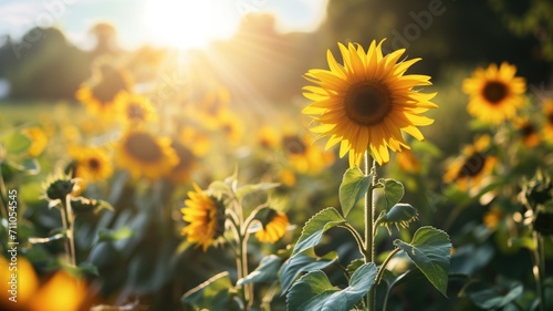 Golden sunflowers in a field with bright sunlight