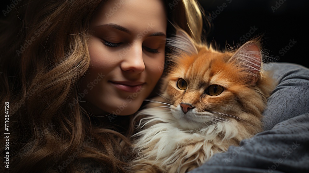 A ginger cat cuddles with a young woman
