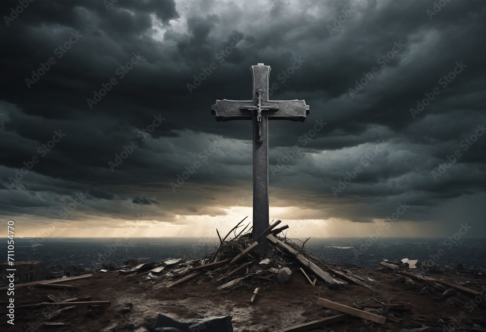 Christian Cross in a Desolate Landscape during a Dark Storm.Symbolizes Armageddon, Final Judgement, Earth's Destruction. Christian Cross in a Desolate Landscape during a Dark Storm.Symbolizes Armageddon, Final Judgement, Earth's Destruction.