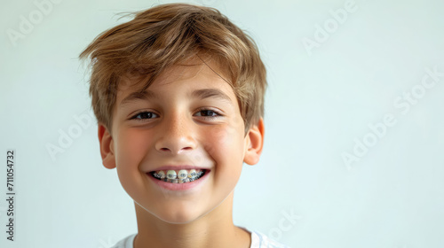 little smiling boy with metal braces on her teeth, bite correction, orthodontist, health, medicine, dentistry, oral cavity, straight, white, mouth, person, people, treatment, kid, child, children