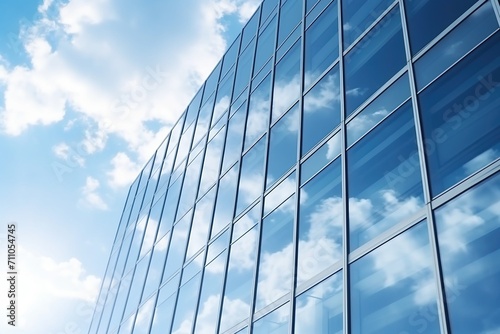 Blue glass skyscraper reflecting clouds