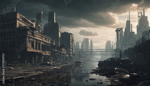 A dark and futuristic cityscape after the apocalypse.