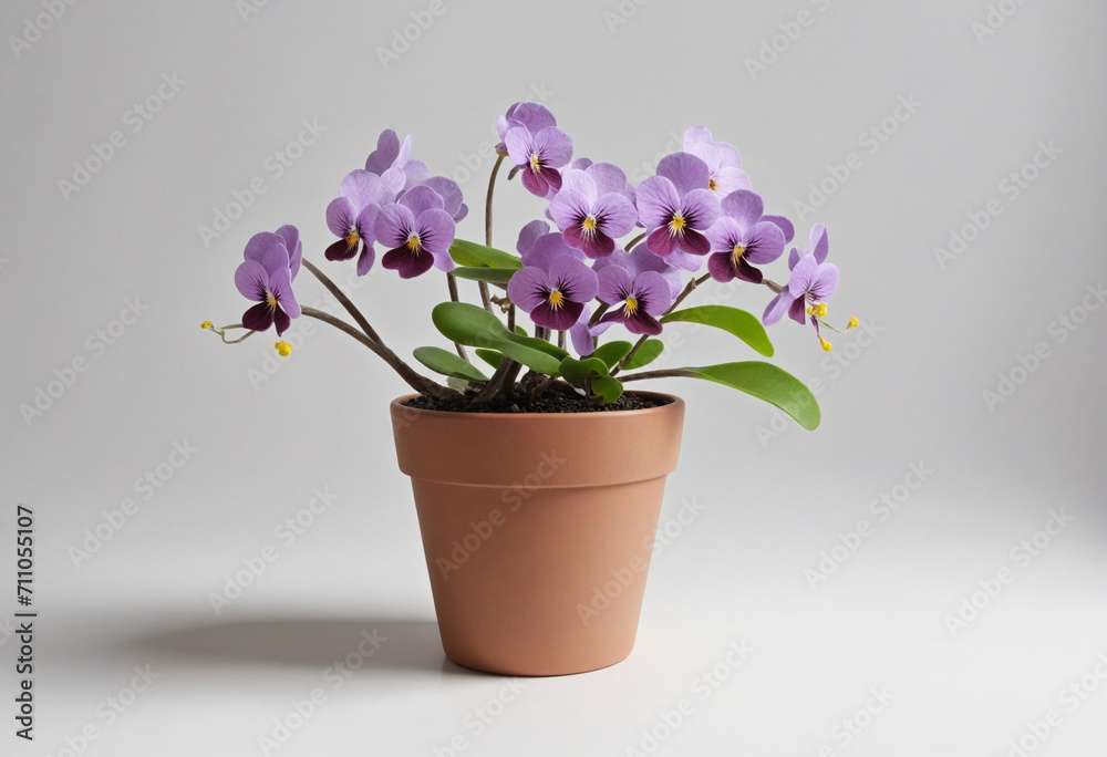 Withered African Violet (Saintpaulia ionantha) plant in a pot on a white background