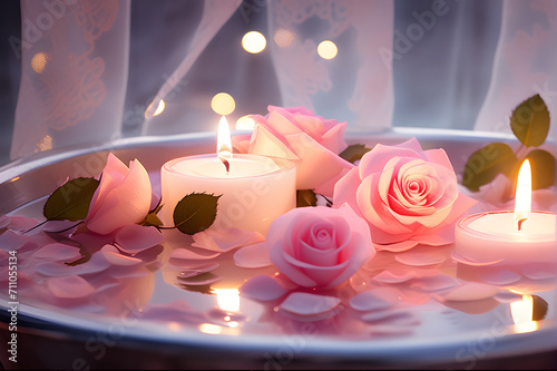 Dreamy rose petal bath  painted with soft watercolor strokes. The warm candlelight adds a gentle glow  capturing a truly whimsical and ethereal atmosphere