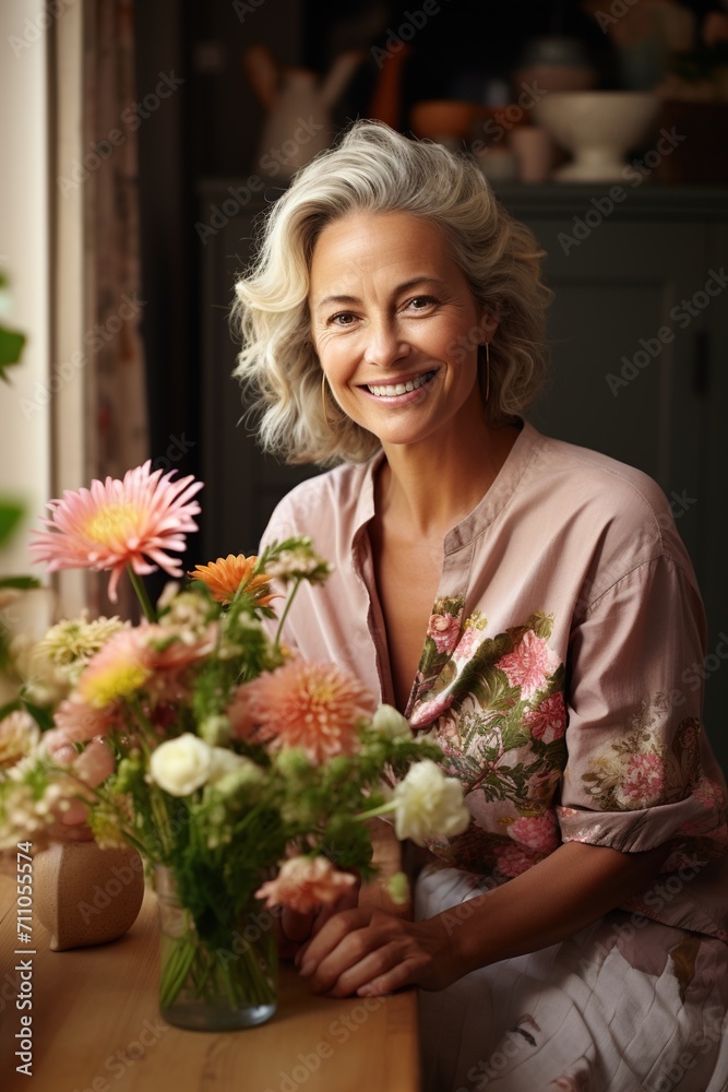 Portrait of a smiling middle-aged woman with flowers Portrait of a smiling middle-aged woman with flowers